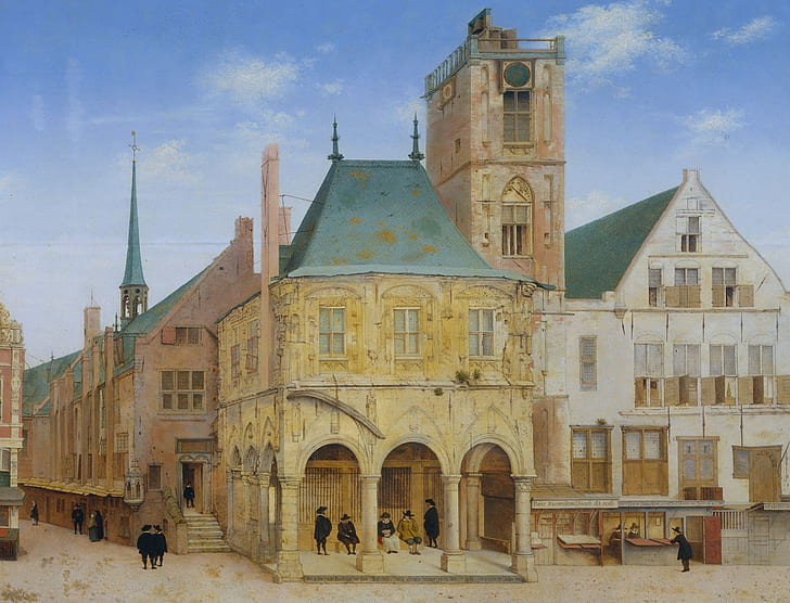 tree, oil, picture, the urban landscape, Pieter Jansz Saenredam, The old town Hall in Amsterdam, HD wallpaper
