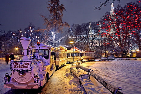 zima, Park, Boże Narodzenie, Wiedeń, zdjęcie nocne, jarmark bożonarodzeniowy, ciekawe miejsca, Tapety HD HD wallpaper