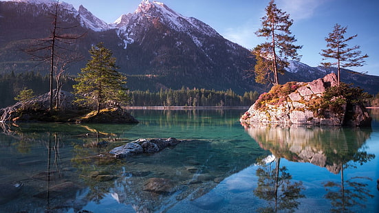 reflection, hintersee, ramsau, germany, bavaria, lake, ramsau bei berchtesgaden, eu, europe, island, HD wallpaper HD wallpaper