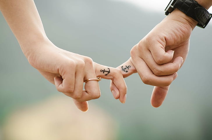 anchor, couple, fingers, friends, hands, holding, macro, tattoos, wristwatch, HD wallpaper