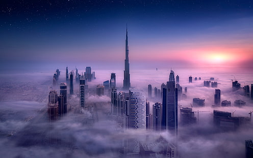 gedung bertingkat tinggi, bangunan yang dikelilingi oleh kabut, lanskap kota, Burj Khalifa, Dubai, kota, kabut, gedung pencakar langit, bangunan, eksposur panjang, menara, awan, langit, Wallpaper HD HD wallpaper