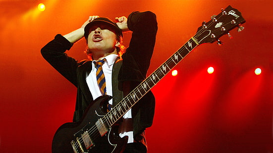 AC/DC, Angus Young, musical instrument, men, tie, rock and roll, rock bands, HD wallpaper HD wallpaper