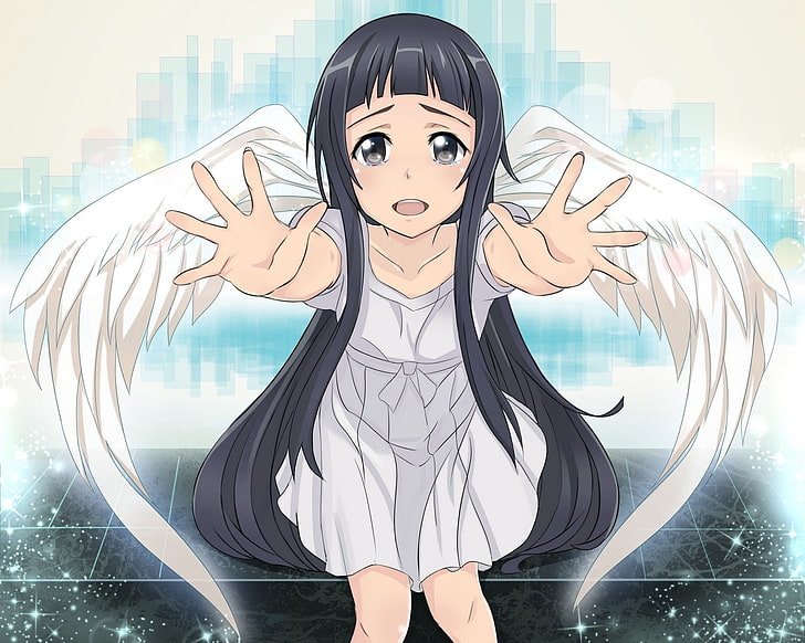 girl wearing white dress with wings anime character illustration, Sword Art Online, Yui-MHCP001, wings, anime girls, video games, anime, HD wallpaper