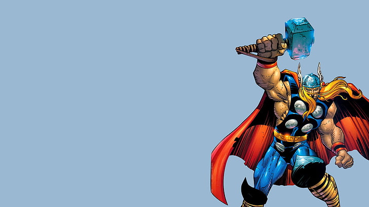 Thor, John Romita Jr., latar belakang biru, ilustrasi, Marvel Comics, Wallpaper HD