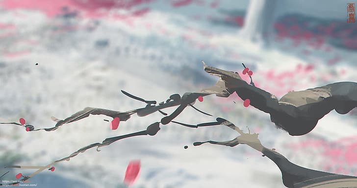 seni digital, pohon ceri, kelopak bunga, salju, kelopak merah, Wallpaper HD