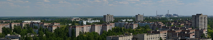 city buildings, Pripyat, panorama, city, town, Ukraine, nuclear, Chernobyl, disaster, building, nature, power plant, sky, Ghost town, accidents, dangerous, abandoned, triple screen, multiple display, HD wallpaper