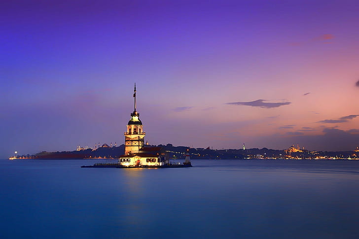 building, city, coast, island, istanbul, lighthouse, maiden's, sea, shore, sultanahmet, sunrise, tower, HD wallpaper