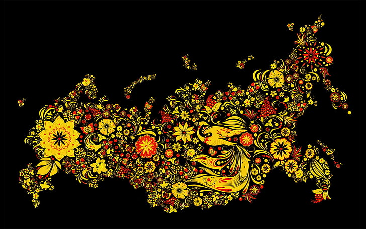 tessile floreale nero, giallo e rosso, Russia, astratto, fiori, piante, sfondo nero, opere d'arte, Sfondo HD