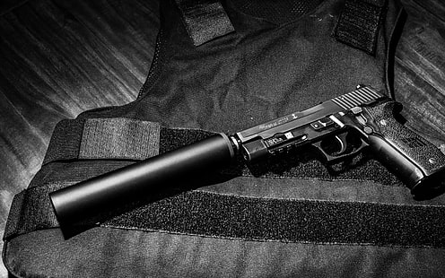 черный полуавтоматический пистолет и глушитель, пистолет, глушитель, Sig Sauer, P226, HD обои HD wallpaper