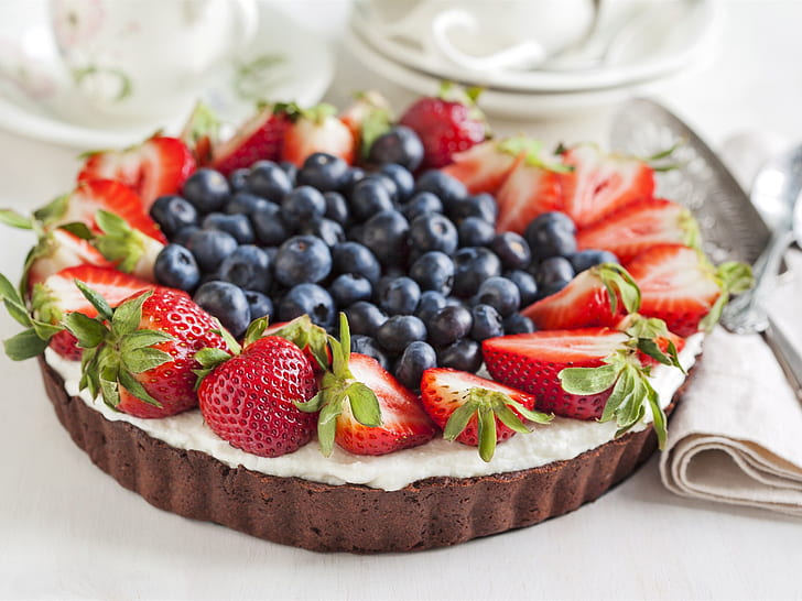 Chocolate cake, strawberries, blueberries, food, strawberry short cake, Chocolate, Cake, Strawberries, Blueberries, Food, HD wallpaper