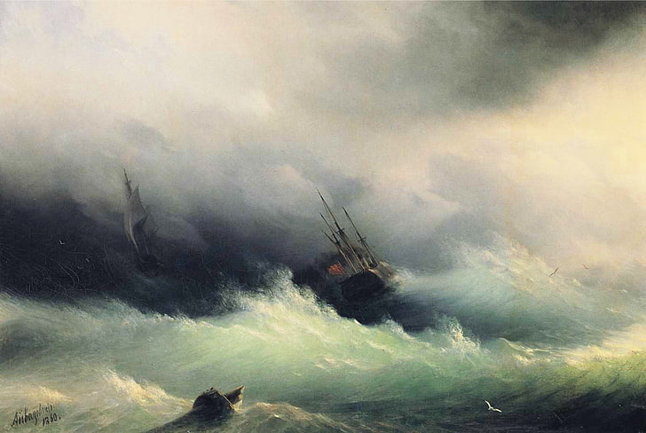 wielka fala z malowaniem łodzi, malowaniem, Iwanem Aiwazowskim, morzem, żaglowcem, łodzią, klasyczną sztuką, Tapety HD