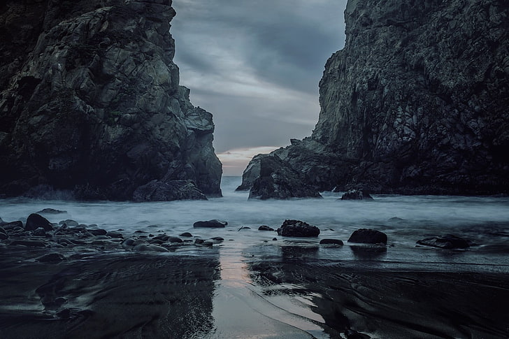 회색 바위, 바위, 해변, 바다, 물, HD 배경 화면