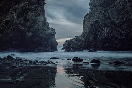 rocas grises, roca, playa, mar, agua, Fondo de pantalla HD HD wallpaper