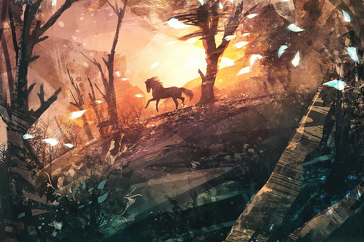 pferd tapete, pferd, bäume, malerei, HD-Hintergrundbild