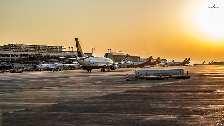 lotnisko, samoloty, zachód słońca, Stuttgart, Tapety HD