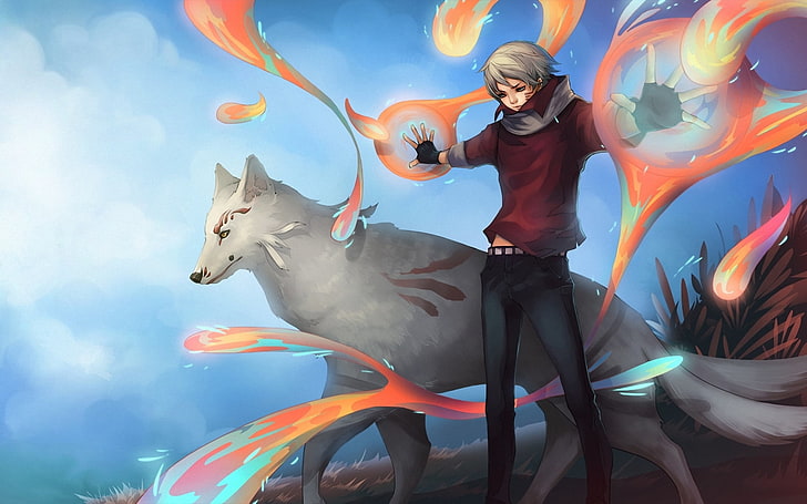 Natsume Yuujinchou, man and white wolf painting, Anime / Animated, , white, magic, boy, anime, wolf, HD wallpaper