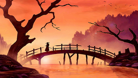 samurai, bridge, painting art, sunset, river, landscape, branch, tree, japan art, art, artwork, HD wallpaper HD wallpaper