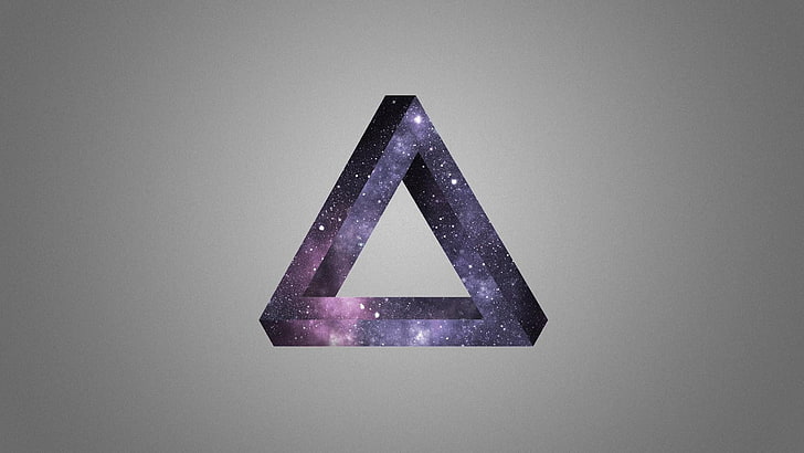 purple nebula triangle logo, abstract, triangle, optical illusion, Penrose triangle, stars, HD wallpaper