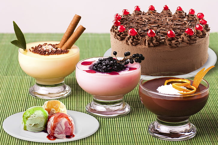 Verschiedene Desserts, Lebensmittel, Eis, Süßigkeiten, Kuchen, Sahne, Dessert, Schokolade, Glasur, HD-Hintergrundbild