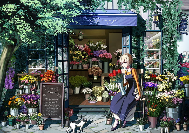 anime, gadis anime, celemek, bunga, warna-warni, toko, Wallpaper HD