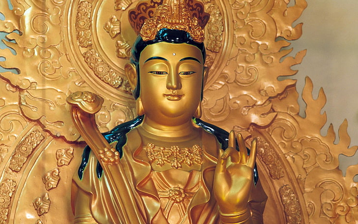 Buda del cuerpo de oro, estatuilla hindú de dios, dios, señor buda, dorado, buda, señor, Fondo de pantalla HD