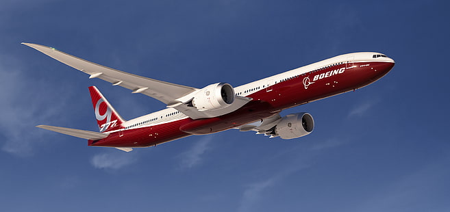 червено и бяло тапет на самолет, boeing, b777, самолет, небе, полет, HD тапет HD wallpaper