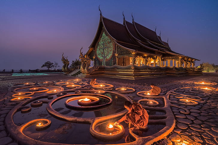 Lights, monk, Myanmar, temple, Buddhism, Korawee Ratchapakdee, Glow in the  Dark, HD wallpaper | Wallpaperbetter