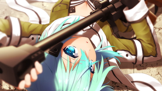 blue haired anime character holding rifle wallpaper, anime girls, anime, Asada Shino, Gun Gale Online , Sword Art Online, HD wallpaper HD wallpaper
