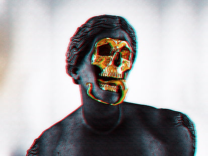 statue d'homme, or, crâne, statue, vaporwave, Fond d'écran HD HD wallpaper