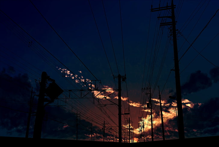 Geringe Tiefenschärfe, Sonnenuntergang, Anime, Nacht, Eisenbahn, Wolken, digitale Kunst, Landschaft, Himmel, Stromleitungen, HD-Hintergrundbild