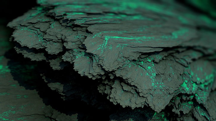 black stone, Procedural Minerals, mineral, artwork, digital art, CGI, abstract, green, HD wallpaper