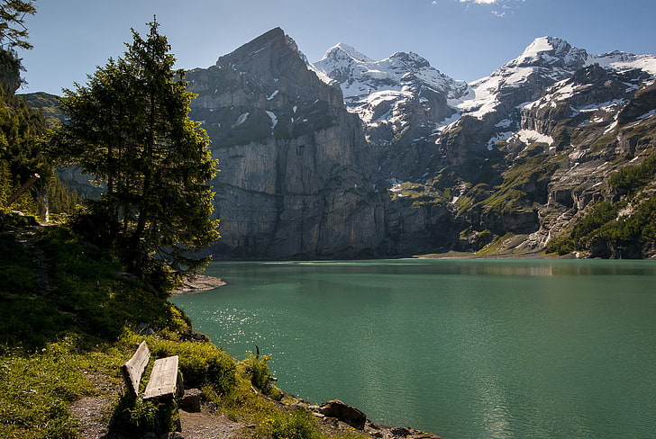 gray wooden bench, trees, mountains, bench, lake, Switzerland, HD wallpaper