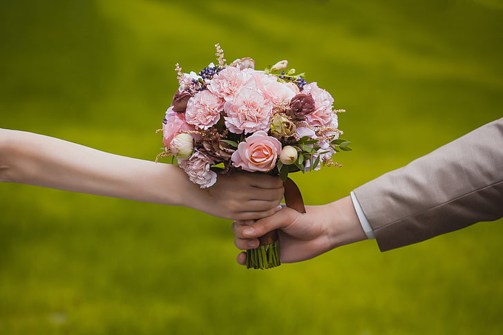 розови рози, любов, цветя, романтика, рози, букет, сватба, булката и младоженеца, булката и младоженеца, HD тапет