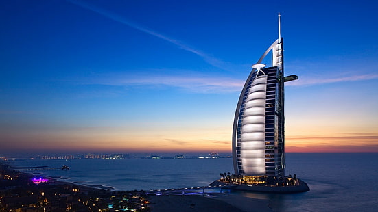 Burj Al Arab, ville, paysage urbain, hôtel, coucher de soleil, urbain, Émirats arabes unis, Burj Khalifa, Dubaï, architecture, Fond d'écran HD HD wallpaper