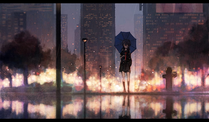 anime, gadis anime, payung, perkotaan, berdiri, lanskap kota, hujan, Wallpaper HD