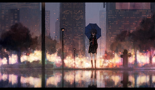аниме, аниме девушки, зонт, городской, стоя, городской пейзаж, дождь, HD обои HD wallpaper