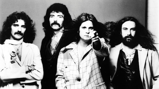 Бил Уорд, Black Sabbath, Geezer Butler, легенди, Дълга коса, мъже, монохромен, Музиканти, Ozzy Osbourne, Rock Stars, Toni Iommi, реколта, HD тапет HD wallpaper