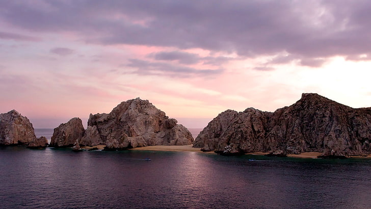 갈색 암석, 바다, 바위, 하늘, 여름, HD 배경 화면