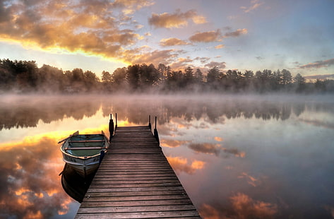 Natur, Pier, Boot, Nebel, Himmel, Wolken, Reflexion, ruhiges Wasser, ruhig, HD-Hintergrundbild HD wallpaper