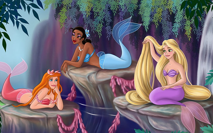 three Disney Princess mermaids illustration, forest, trees, waterfall, tale, Rapunzel, mermaid, Giselle, beauty, Princess, Tiana, fanart, Walt Disney, fairytale, Mermaids, princesses, HD wallpaper