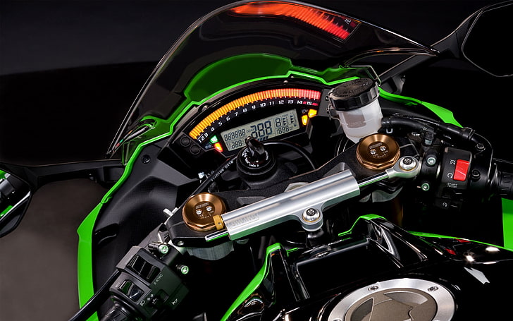 зеленый и черный спортивный мотоцикл, двигатель, взгляд, лицо, мотоцикл, ниндзя, велосипед, Kawasaki, мото, мощность, первый, ZX-10R, обои., цилиндр, ощущение скорости, 200-л.с., 4-х, HD обои