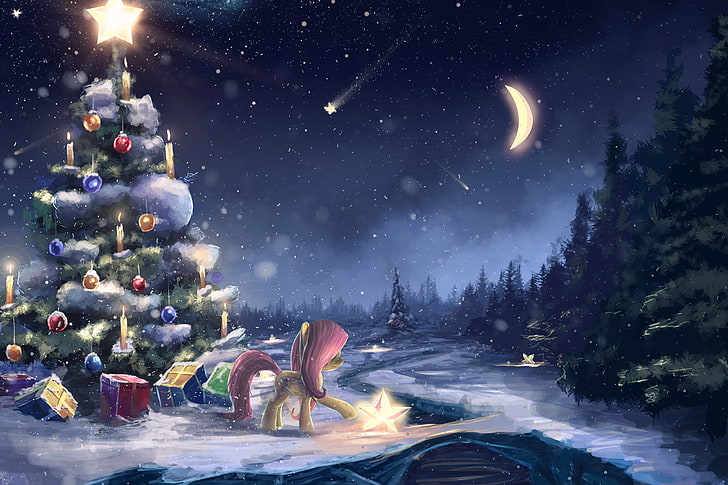 Christmas tree wallpaper, winter, snow, holiday, the moon, art, gifts, pony, tree, HD wallpaper
