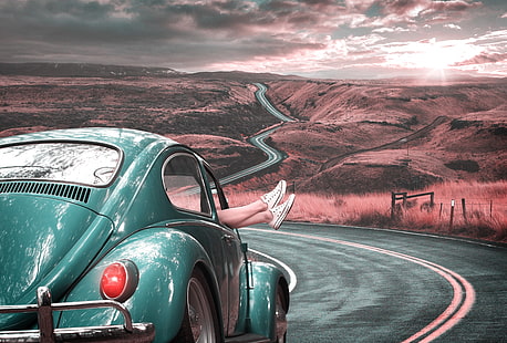 green Volkswagen Beetle coupe, legs, car, retro, road, marking, HD wallpaper HD wallpaper