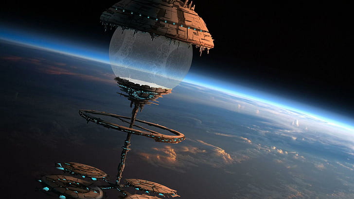 Orbital stations, spaceship painting, fantasy, 1920x1080, spaceship, planet, earth, station, HD wallpaper