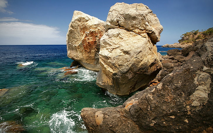 tijolos de concreto marrons e brancos, paisagem, natureza, rocha, mar, HD papel de parede