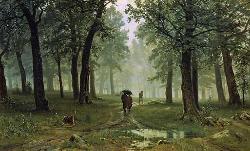 paysage, gens, image, parapluie, Ivan Shishkin, pluie dans une forêt de chênes, Fond d'écran HD HD wallpaper