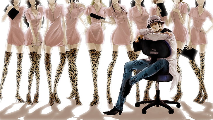 Anime, One Piece, Blonde, Boy, Brown Hair, Chair, Dress, Girl, Hat, High Heels, Long Hair, Nurse, Pink Dress, Sitting, Smile, Thigh Boots, Trafalgar Law, Zipper, HD wallpaper