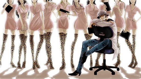 Anime, One Piece, Blondynka, Chłopiec, Brązowe włosy, Krzesło, Sukienka, Dziewczyna, Kapelusz, Wysokie Obcasy, Długie włosy, Pielęgniarka, Różowa sukienka, Siedzenie, Uśmiech, Buty na udach, Trafalgar Law, Zamek błyskawiczny, Tapety HD HD wallpaper