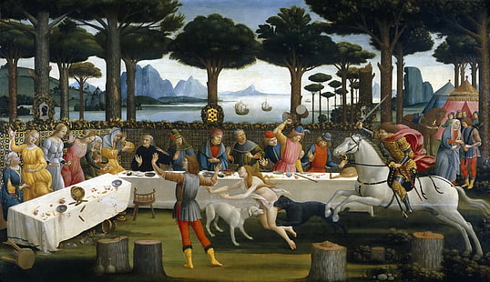 mer, arbres, montagnes, table, personnes, image, repas, genre, mythologie, Sandro Botticelli, Histoire Nastagio Degli Onesti (III), Fond d'écran HD HD wallpaper