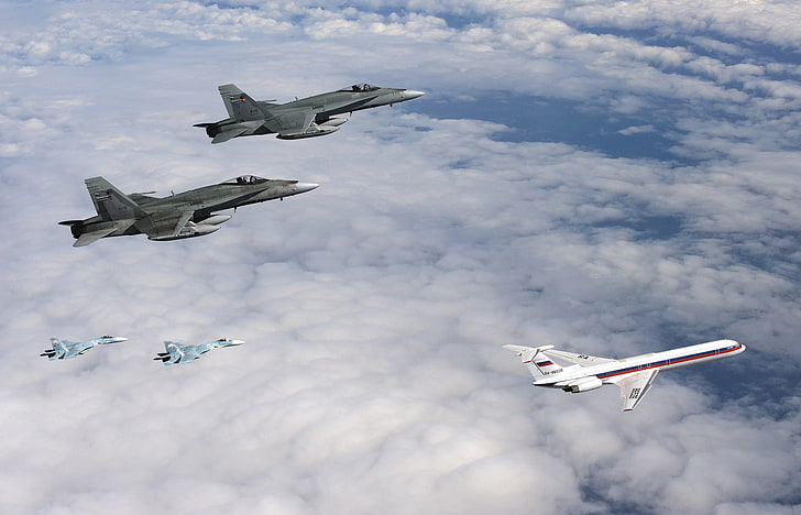 회색과 검은 색 전투기 두 대, 하늘, 구름, 전투기, 쌍, 비행기, 두, 세대, 제트, 승객, Su-27, 호넷, 러시아 공군, 맥도넬 더글러스, 넷째, CF-18, Il-62, 캐나다, HD 배경 화면